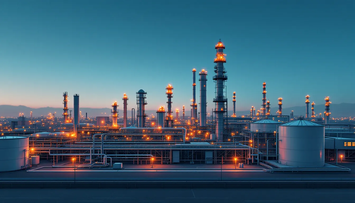 Complejo industrial de refino con tanques de almacenamiento al atardecer, ilustración editorial
