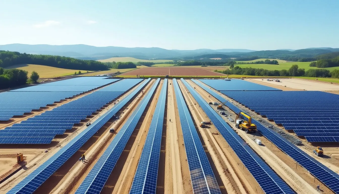 Ilustración editorial de una gran planta solar fotovoltaica en fase de construcción en paisaje rural estadounidense