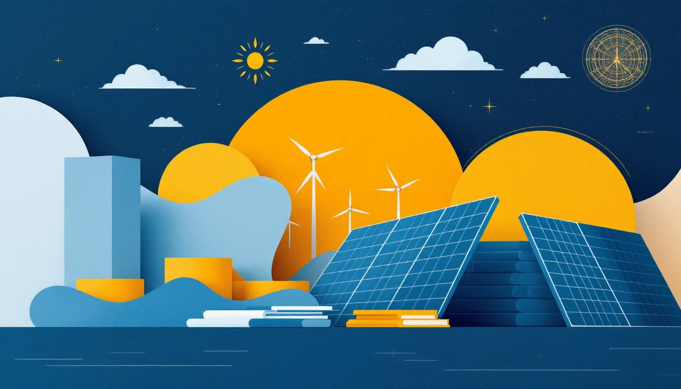 Ilustración conceptual de reestructuración empresarial en el sector de energía solar fotovoltaica