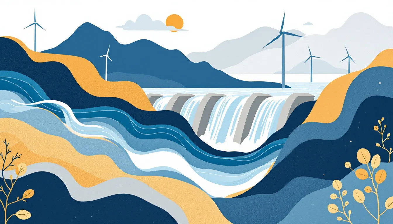 Ilustración editorial sobre regulación del mercado eléctrico e hidroeléctrica en España