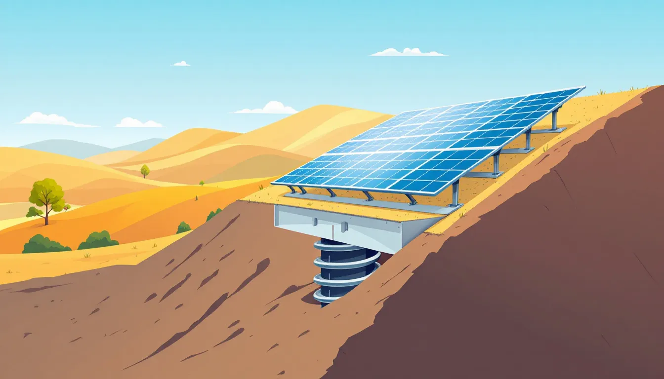 Ilustración de instalación fotovoltaica con sistema de anclaje al suelo en terreno con pendiente