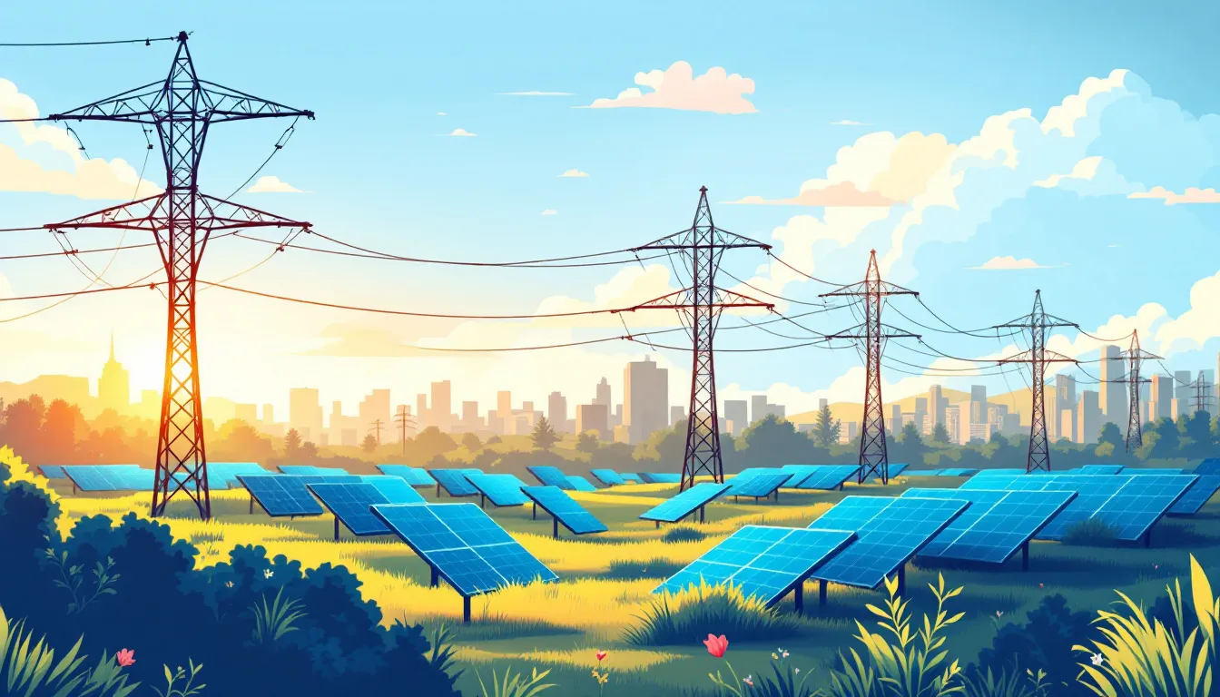 Ilustración del mercado eléctrico con infraestructura solar y fluctuación de precios
