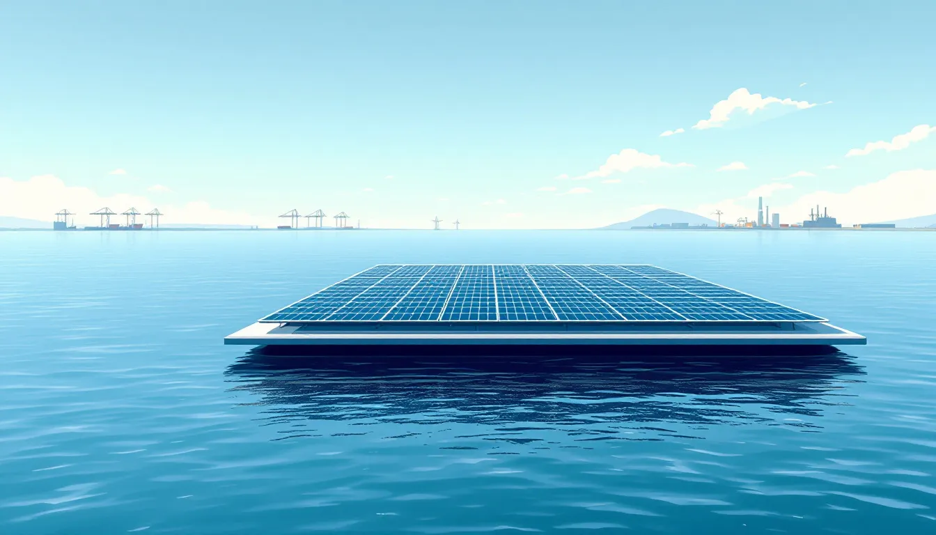 Ilustración de plataforma solar flotante tipo catamarán sobre el mar con paneles bifaciales