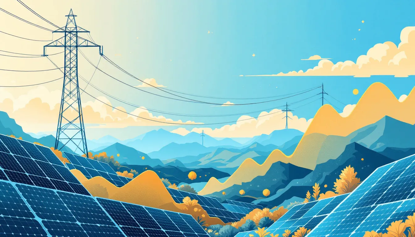 Ilustración abstracta del mercado eléctrico con elementos de energía solar y gráficos de precios