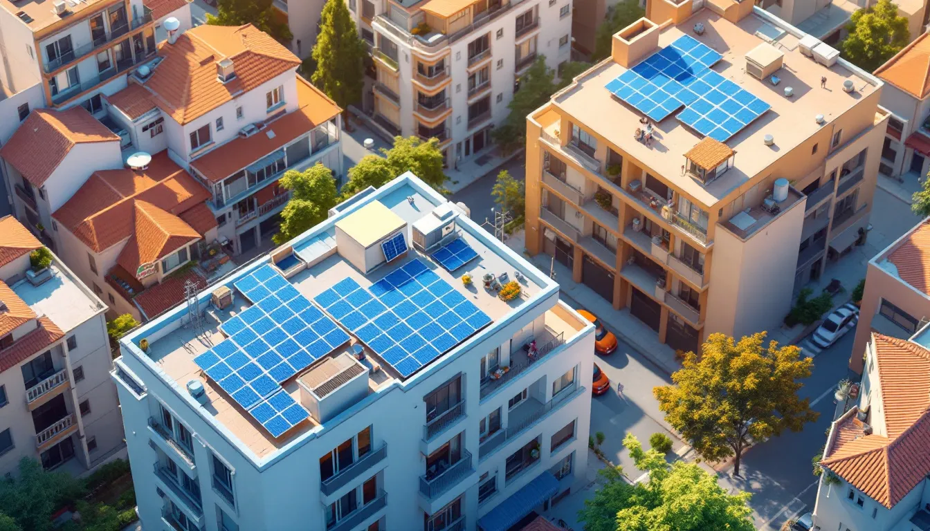 Concepto visual de energía solar urbana con paneles fotovoltaicos en tejados metropolitanos
