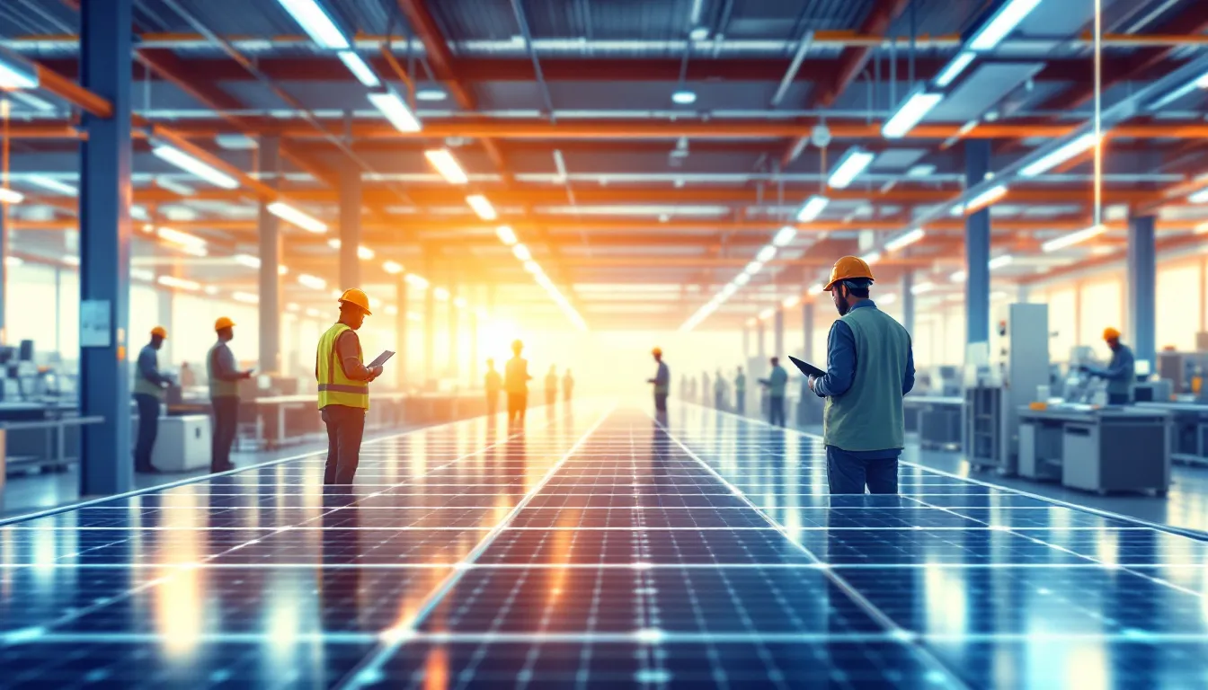 Interior moderno de una fábrica de módulos solares con líneas automatizadas y tecnología avanzada