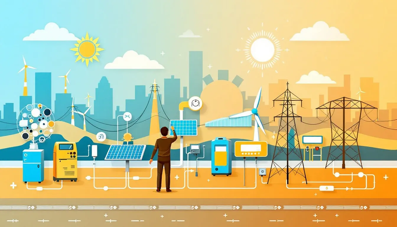 Ilustración conceptual de red eléctrica de distribución con integración de energía solar fotovoltaica
