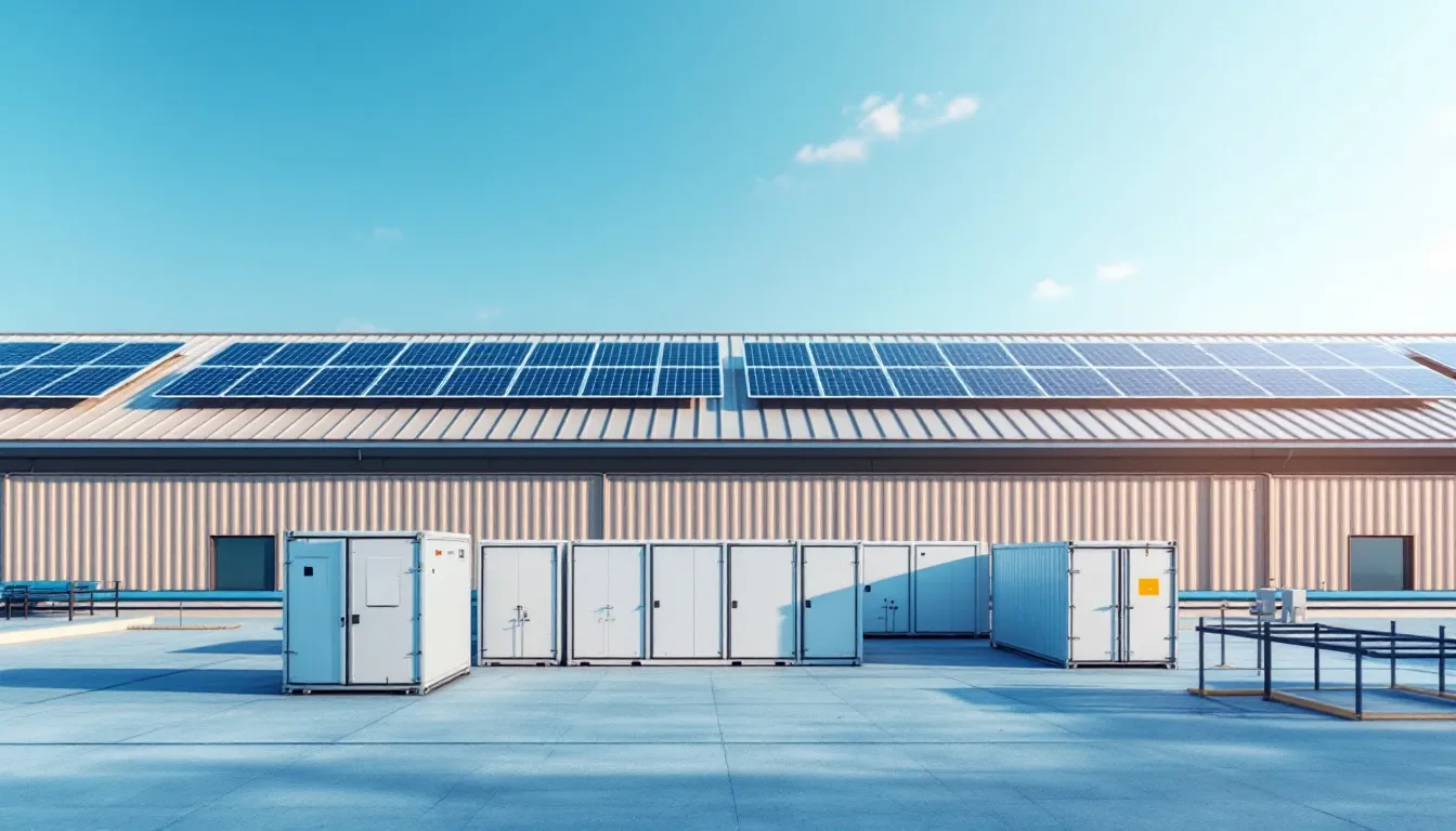 Ilustración de instalación solar comercial con sistema de almacenamiento con baterías en cubierta industrial